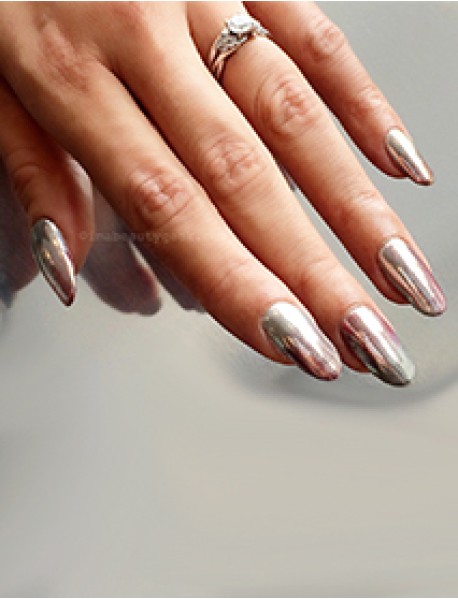 Acrylic Nail Extension + Chrome Nail Art + Gel Polish